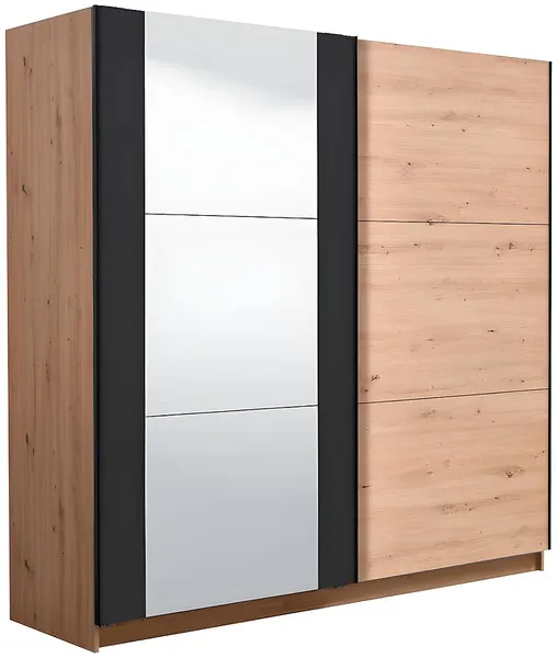 Vente-unique - Kleiderschrank mit Spiegel + 2 Schiebetüren - B. 217 cm - Eichefarben & Schwarz - PHILADELPHIE