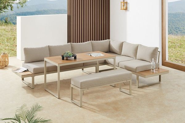 riess-ambiente Sitzgruppe IBIZA GRAND 280cm greige - Aluminium, mit Sitzpolstern, wetterfest, (Set, 3-tlg, Sitzecke, Bank, Tisch, 7x Sitzkissen, 7x Rückenkissen), Outdoorlounge inkl Kissen & Tisch -ideal für Terrasse, Balkon & Garten