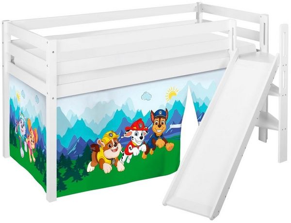 Lilokids Kinderbett Hochbett JELLE mit schräger Rutsche & Vorhang PAW PATROL 190x90cm