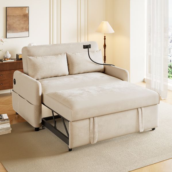 Multifunktions-Klappschlafsofa, verstellbar, mit USB-Ladung, Chenille Beige, 129x76x81 cm