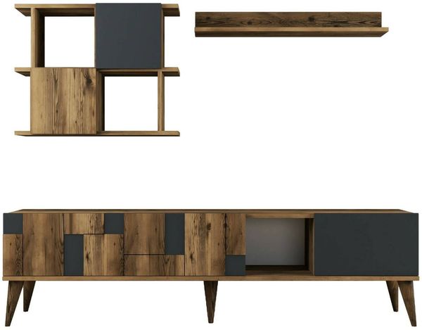 Dmora Fernsehschrank Dora, Ständer für Wohnzimmerfernseher, Niedriges Wohnzimmer-Sideboard, TV-Ständerbasis, 180x34h49 cm, Walnuss und Anthrazit