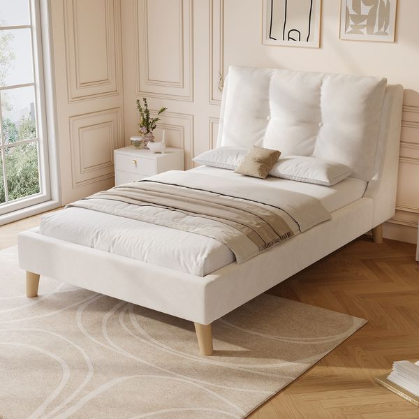 Merax Polsterbett, Einzelbett, Kinderbett 90 x 200cm, Bett mit Lattenrost und Kopfteil, Bettbeine aus Massivholz, gepolstertes Kopfteil, samt, beige