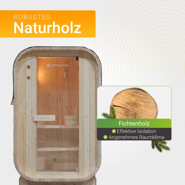 Artsauna Fasssauna Nolvik S, Outdoor-Sauna aus Fichtenholz, 3,6 kW Ofen, LED, Komplettset mit Sanduhr, Eimer & Thermometer, winterfest, Cube Design Bild 3