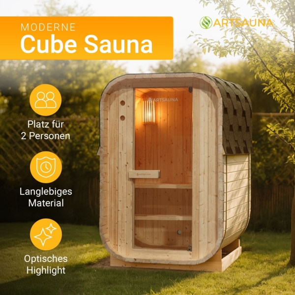 Artsauna Fasssauna Nolvik S, Outdoor-Sauna aus Fichtenholz, 3,6 kW Ofen, LED, Komplettset mit Sanduhr, Eimer & Thermometer, winterfest, Cube Design Bild 2