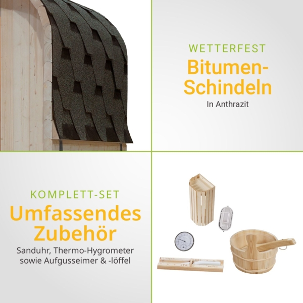 Artsauna Fasssauna Nolvik S, Outdoor-Sauna aus Fichtenholz, 3,6 kW Ofen, LED, Komplettset mit Sanduhr, Eimer & Thermometer, winterfest, Cube Design Bild 6