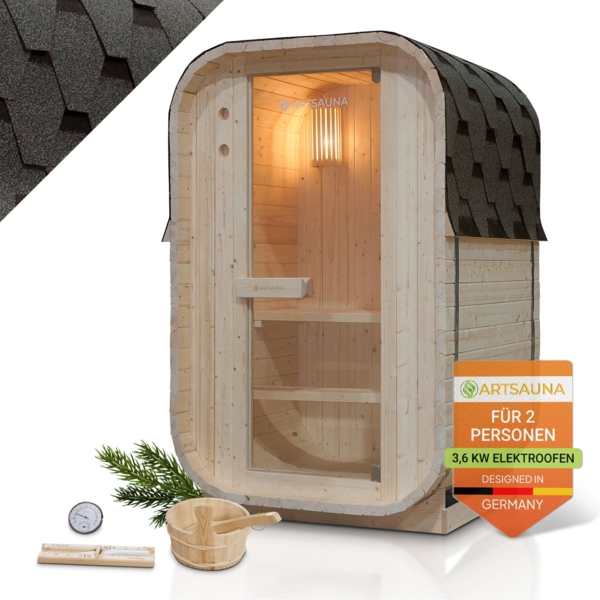 Artsauna Fasssauna Nolvik S, Outdoor-Sauna aus Fichtenholz, 3,6 kW Ofen, LED, Komplettset mit Sanduhr, Eimer & Thermometer, winterfest, Cube Design Bild 1
