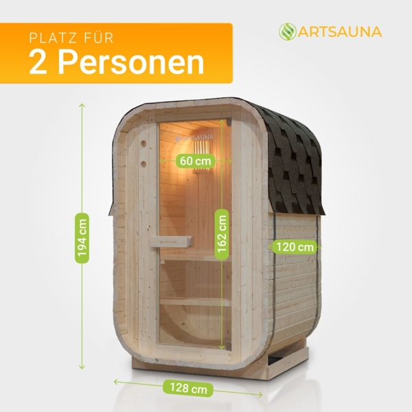 Artsauna Fasssauna Nolvik S, Outdoor-Sauna aus Fichtenholz, 3,6 kW Ofen, LED, Komplettset mit Sanduhr, Eimer & Thermometer, winterfest, Cube Design Bild 4