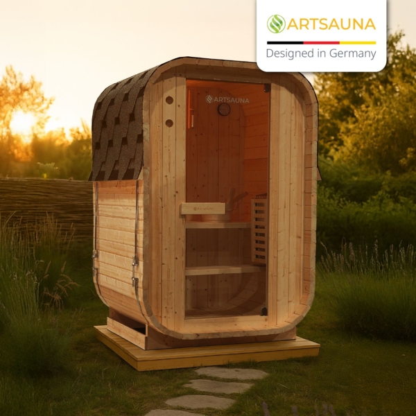 Artsauna Fasssauna Nolvik S, Outdoor-Sauna aus Fichtenholz, 3,6 kW Ofen, LED, Komplettset mit Sanduhr, Eimer & Thermometer, winterfest, Cube Design Bild 7