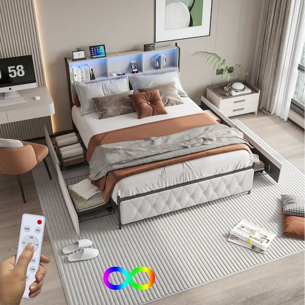FUROKOY Polsterbett Doppelbett Stauraumbett Mit Kopfteil und Lattenrost, 180x200 cm,Mit LED-Licht und USB,Gepolstert,4 Schubladen,Samt