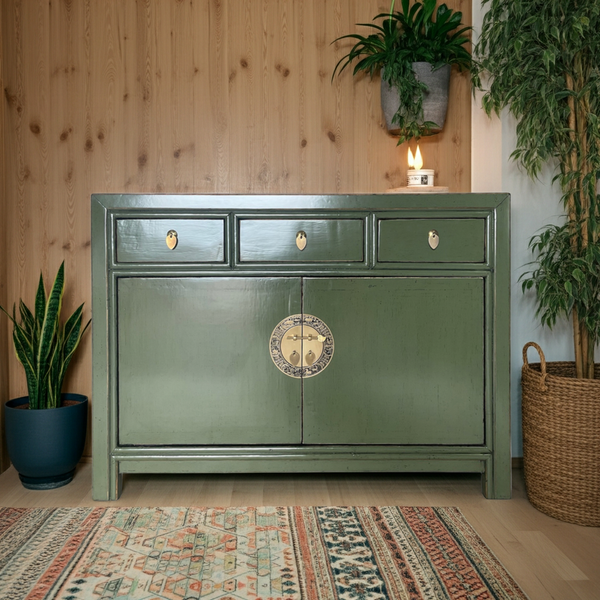 Vintage Kommode Oliv Olivgrün Messingkreis chinesisch Schrank Sideboard Kolonial-Stil Antik-Stil Lowboard asiatisch orientalisch Fernost shabby-chic Landhaus
