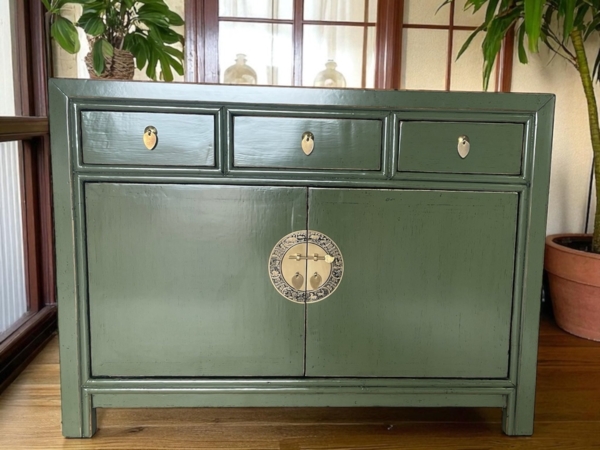 Vintage Kommode Oliv Olivgrün Messingkreis chinesisch Schrank Sideboard Kolonial-Stil Antik-Stil Lowboard asiatisch orientalisch Fernost shabby-chic Landhaus