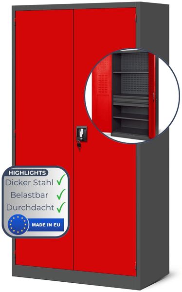 Werkzeugschrank mit Lochwand AESO - Mit Schubladen, Abschließbar | Metallschrank mit Werkzeugwand Werkstattschrank Perforierte Rückwand, 185x92x50cm Anthrazit-Rot