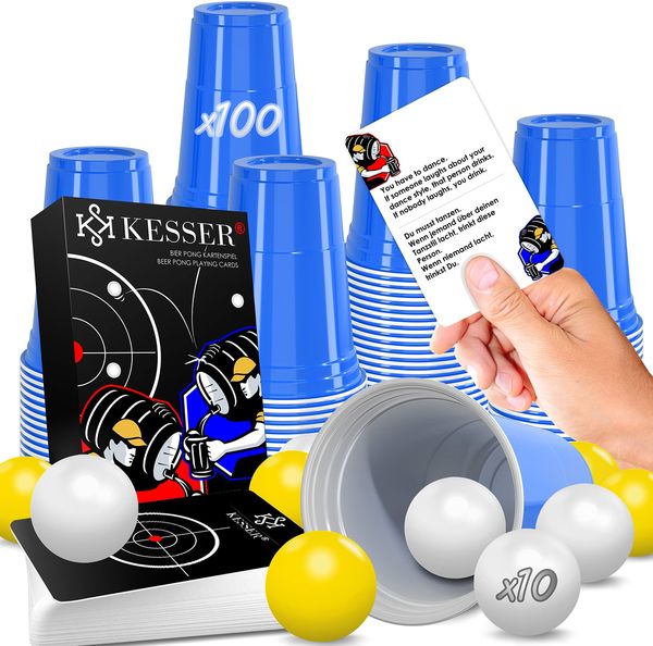 KESSER Beer Pong Becher Set mit Kartenset, 100 Bechern & 10 Bällen, Kunststoff, 473 ml, Blau