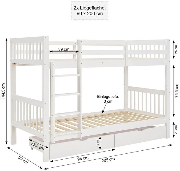 Kinderbett 90x200 mit Matratze Etagenbett Stauraum Holzbett Weiß Jugendbett Doppelstockbett Rausfallschutz Umbaubar Bild 3