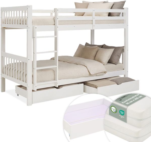 Kinderbett 90x200 mit Matratze Etagenbett Stauraum Holzbett Weiß Jugendbett Doppelstockbett Rausfallschutz Umbaubar