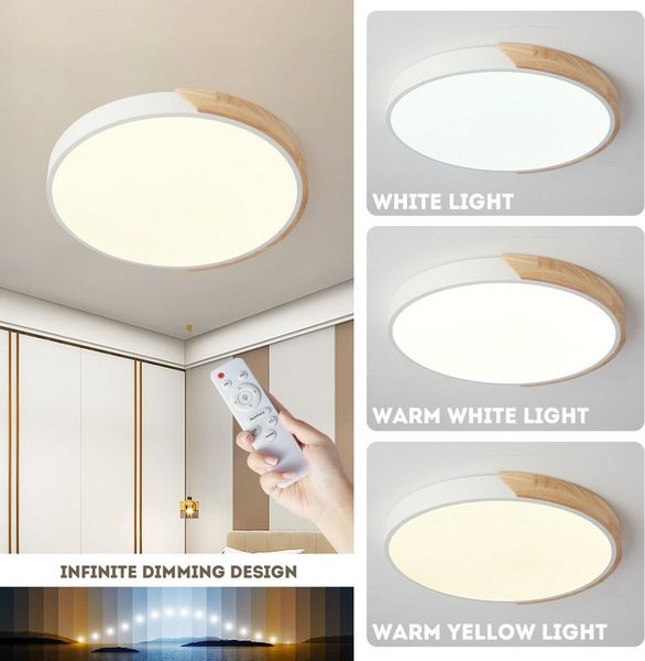 style home LED Deckenleuchte Metall Deckenlampe 12W/24W/36W/48W/96W, Runde/Quadratisch, LED fest integriert, warmweiß bis kaltweiß verstellbar, 36W Holzlampe, Ø40*4cm, für Wohnzimmer, Schlafzimmer,Büro usw.