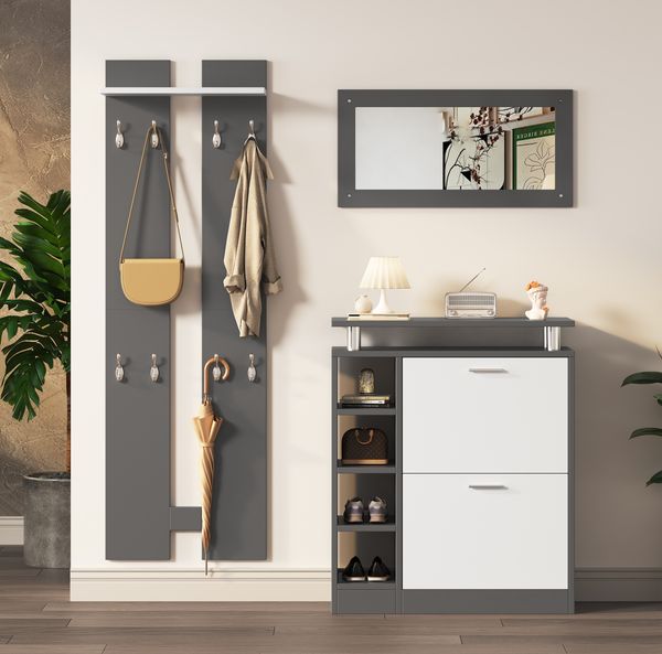 Flurschrank-Set, Garderobenset mit Spiegel & Schuhschrank, anthrazitgrau, 80x25x96,5 cm