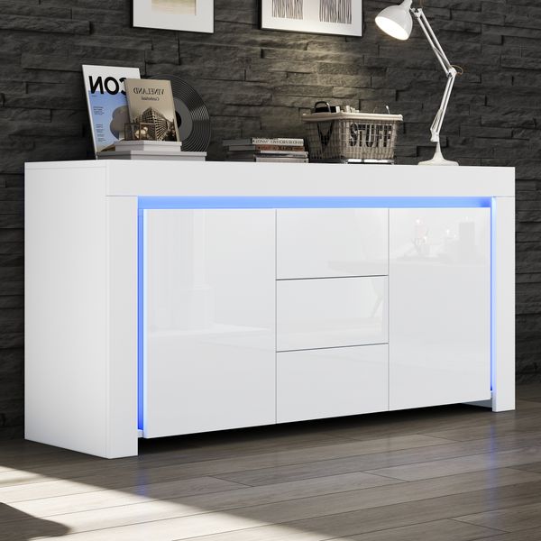 LED-Sideboard Weiß Hochglanz 140x40x65 cm mit App-Steuerung, 2 Türen & 3 Schubladen, Verstellbare Einlegeböden