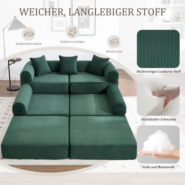 Familiensofa, mit Stauraum & modularer Funktion vakuumverpackt für mühelose Montage frei kombinierbare Module haustierfreundlich, Smaragdgrün, Bild 6
