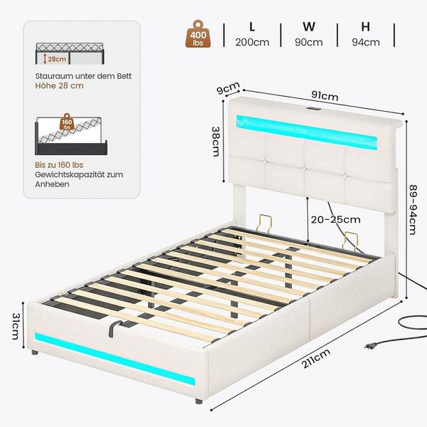 MSMASK Polsterbett 90×200cm, Jugendbett mit LED und USB-Ladefunktion, Linen, Funktionsbett mit Stauraum und Lattenrost, Ohne Matratze