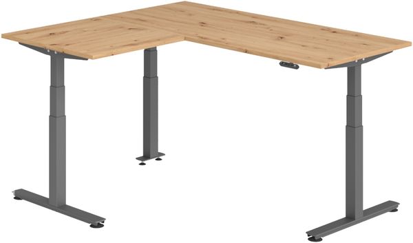 bümö Eckschreibtisch elektrisch höhenverstellbar L-Form: 180 x 160 cm in Asteiche, Gestell graphit - Stehschreibtisch mit Memory-Steuerung, elektrischer XXL Schreibtisch für die Ecke, XDSMW-1908-R-G