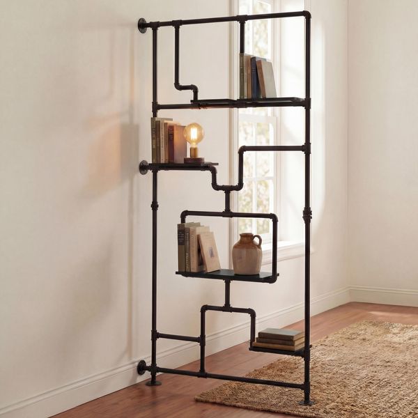 Raumteiler mit Regal HWC-P10, Wohnregal Ablageregal, Industrial Metall Melamin MVG 203x100x20cm ~ schwarz