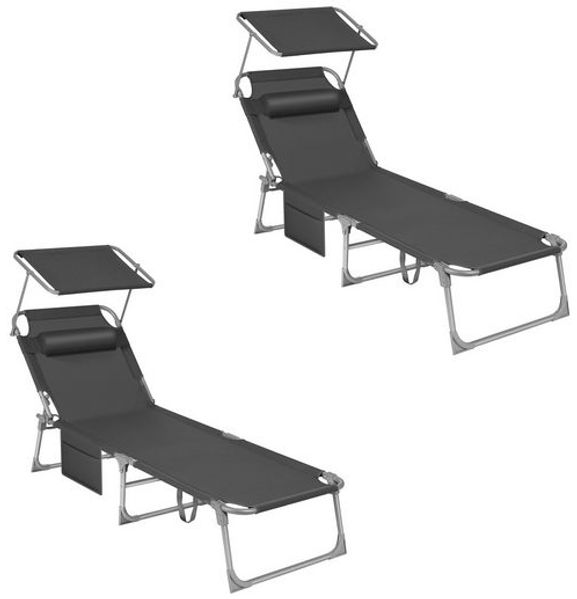 Songmics Gartenliege klappbar, mit Kopfstütze und verstellbarer Rückenlehne, 2x Sonnenliege, mit Seitentasche, Dunkelgrau, 29 x 193 x 53 cm