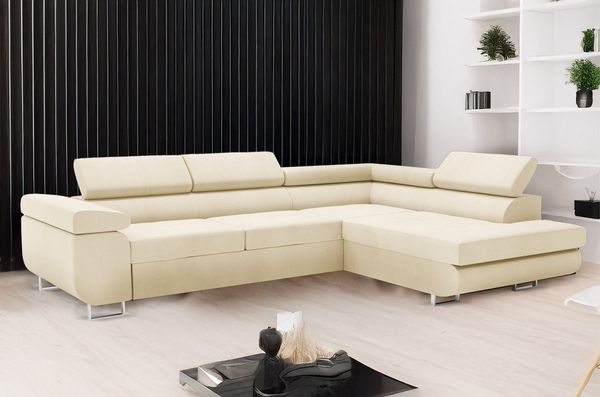 Goldstoff Ecksofa mit Schlaffunktion & Bettkasten - hochwertiges Sofa, Couch mit Schlaffunktion für Wohnzimmer - Schlafsofa - Eckcouch, Eckcouch mit praktischem Bettkasten in beige