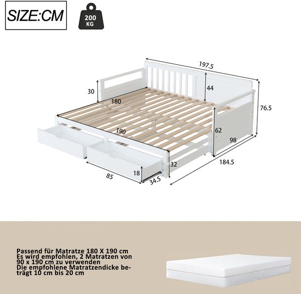 Tagesbett Kiefer mit Schubladen, 90/180x190 cm weiß,Ausziehbett zum Doppelbett, Gästebett Bild 10