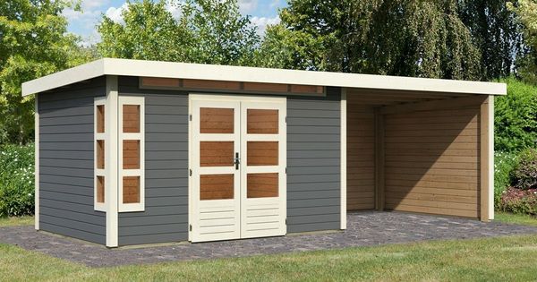 Gartenhaus Kastorf 7 - 364x244 cm plus Anbaudach 3,20m mit Wänden, 28 mm Holz terragrau, Karibu