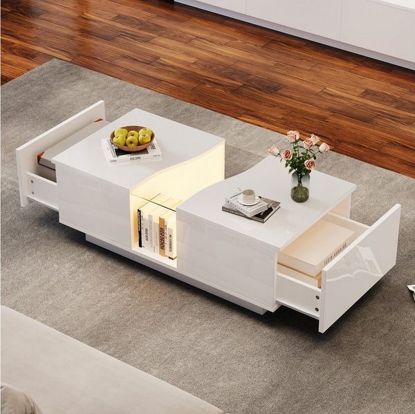 MODFU Couchtisch mit Acrylplatte, Hohlstrukturdesign (Satztisch, Wohnzimmertisch, 1-St, 2 Schubladen), mit LED-Licht und Acrylplatte