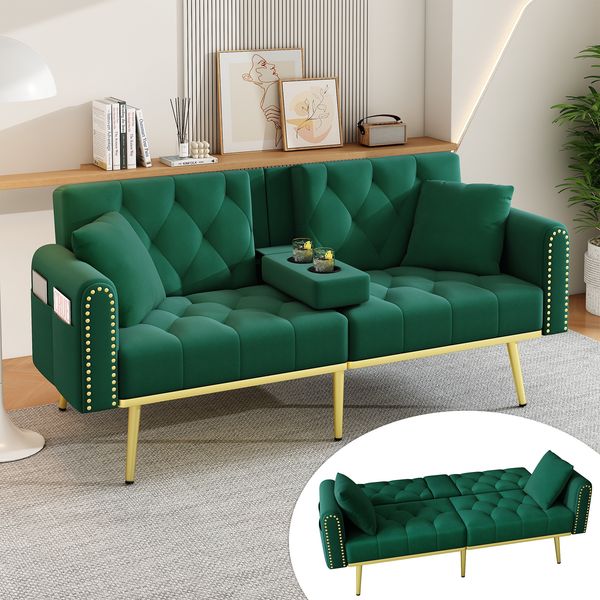 Schlafsofa 175x80x73,5 cm in Grün, Samtbezug, mit Schlaffunktion und verstellbarer Rückenlehne