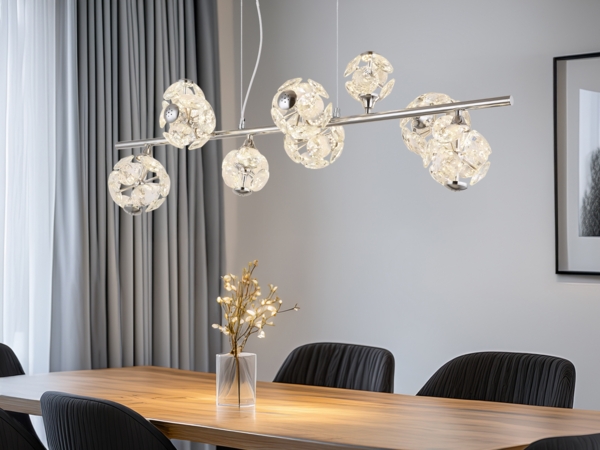 LED Pendelleuchte VIRINA 9-flammig Silber mit Kristall Glaskugeln, Breite 101cm