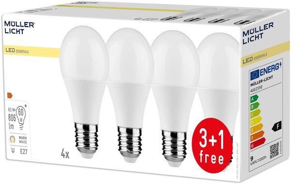 Mueller-Licht 400255 LED E27 Gluehlampenform 10W = 60W Warmweiß (Ø x L) 60x10, mm Weiß