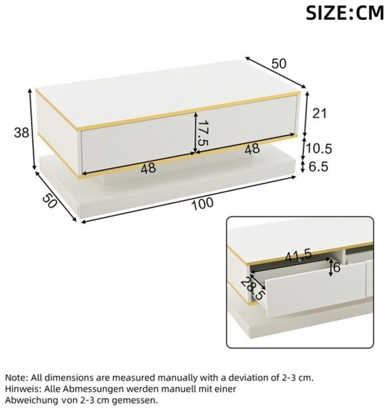 HAUSS SPOLE Wohnzimmer-Set Hochglanz-Couchtisch mit 2 großen Schubladen, Wohnzimmertisch, weiß, (Satztisch, Wohnzimmertisch, Beistelltisch, 1-St, 2 Schubladen), warmweiß + goldener Rand Kaffeetisch Bild 4