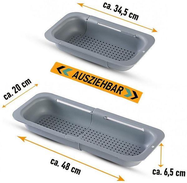 Bestlivings Küchensieb ausziehbar für Spülbecken, Kunststoff, lebensmittelecht, B20cm, L34-48,5 cm verstellbar, robust