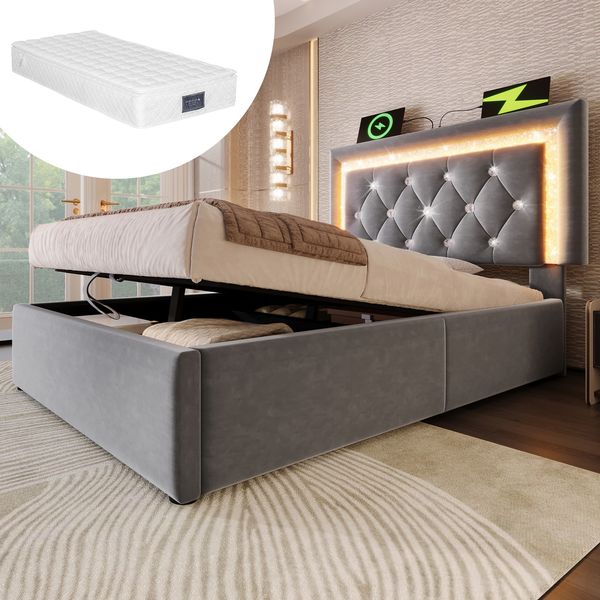 Polsterbett 90x200 cm mit Matratze, LED-Lichtstreifen, USB- und Type-C-Ladestation, hydraulischem Bettkasten, Grau