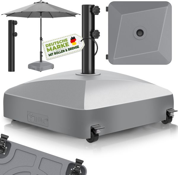 tillvex® Sonnenschirmständer GRAVIA mit Rollen & Bremsen Grau | Schirmständer befüllbar 37 Liter / 56 kg | Schirmgewicht Sonnenschirm & Marktschirm Ø 1,8-3,7m | Ampelschirmständer wetterfest