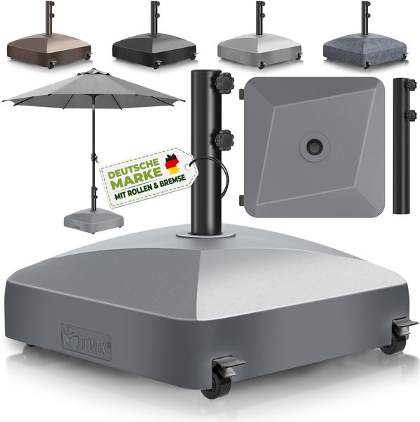 tillvex® Sonnenschirmständer GRAVIA mit Rollen & Bremsen Grau | Schirmständer befüllbar 37 Liter / 56 kg | Schirmgewicht Sonnenschirm & Marktschirm Ø 1,8-3,7m | Ampelschirmständer wetterfest