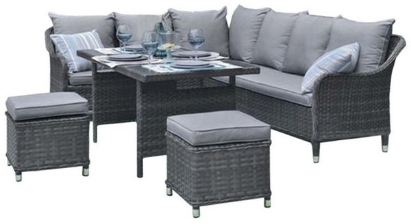 HTI-Living Garten-Essgruppe Outdoor Möbel Ecksofa mit Tisch und Hocker, (Set, 5-tlg, 1x Tisch, 2x Hocker, 2x 3-Sitzern, Inkl. Sitzkissen), Loungemöbel Gartenmöbel Garnitur