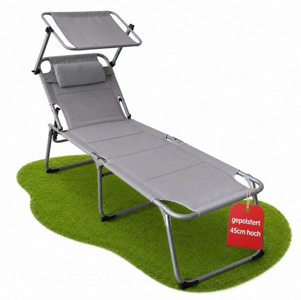 Sonnenliege klappbar gepolstert mit Kopfkissen & Sonnendach grau bis 150kg 193 x 59 x 45 cm extra hoch & breit - Gartenliege wetterfest Liegestuhl klappbar mit 4-fach verstellbarer Rückenlehne Relaxliege S