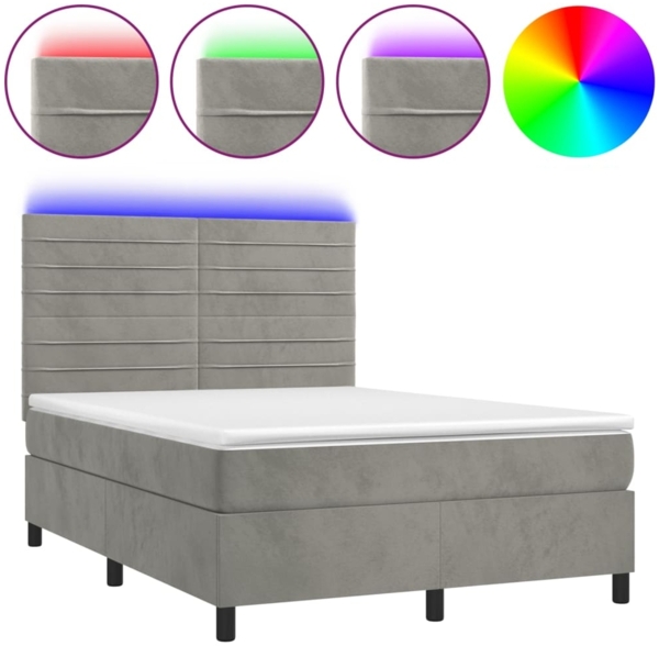 vidaXL Boxspringbett mit Matratze & LED Hellgrau 140x190 cm Samt 3136179