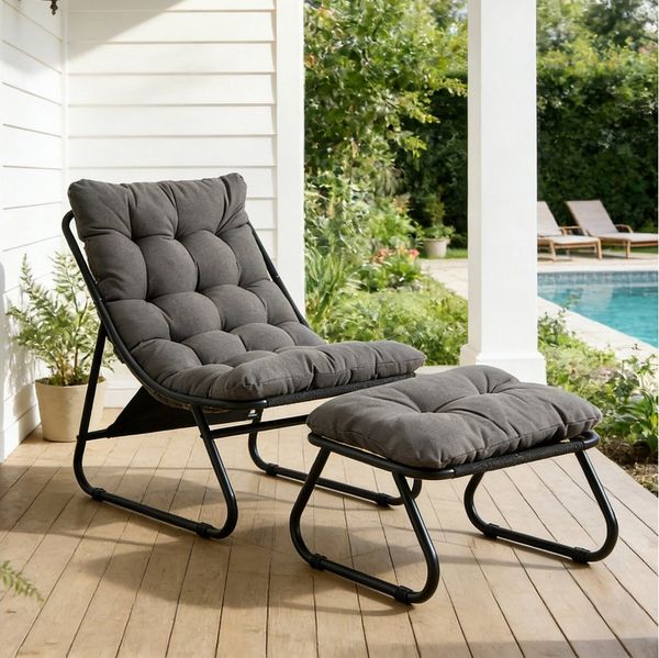 LVHOM Loungesessel mit Hocker, wasserdichtem Stahlrahmen, ergonomisch, für In-/Outdoor (Relaxsessel, bequeme Sitzfläche, Hocker als temporärer Sitz/Schuhwechselbank, rutschfestes Design, rostfreier Metallrahmen, Tragfähigkeit 130 kg), für Garten, Balko...