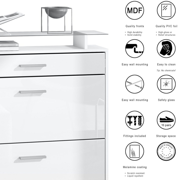 Vladon Garderobe Malea, Garderobenset bestehend aus 1 Hängeschuhschrank, 1 Wandspiegel und 2 Garderobenpaneele, Weiß matt/Schwarz Hochglanz Bild 3