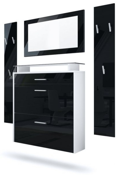 Vladon Garderobe Malea, Garderobenset bestehend aus 1 Hängeschuhschrank, 1 Wandspiegel und 2 Garderobenpaneele, Weiß matt/Schwarz Hochglanz Bild 4