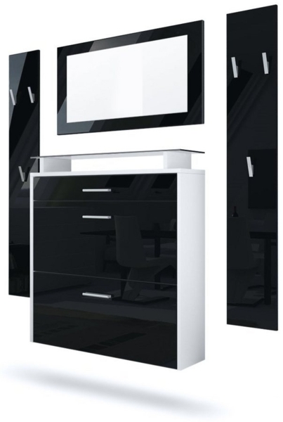 Vladon Garderobe Malea, Garderobenset bestehend aus 1 Hängeschuhschrank, 1 Wandspiegel und 2 Garderobenpaneele, Weiß matt/Schwarz Hochglanz Bild 5