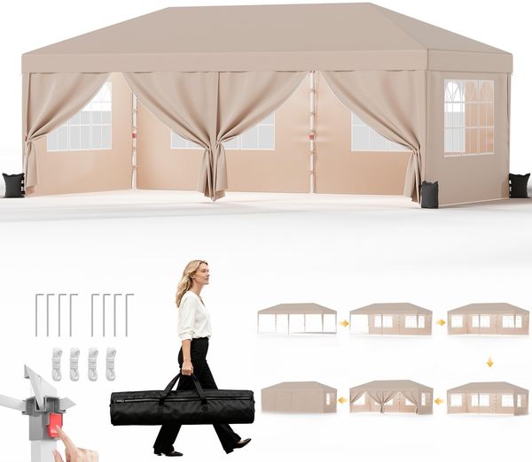 JUMMICO Pavillon 3x6 Wasserdicht Stabil Winterfest Höhe Verstellbar,Faltpavillon mit 6 Seitenwänden,Pavillion UV Schutz 50+,Gartenpavillon Faltzelt für Garten, Innenhof, Camping,Gazebo Beige