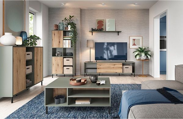 Lomadox Wohnzimmer-Set PARMA-129, (Mega-Spar-Set, 5-St, TV-Lowboard Wandpaneel Regal Sideboard Couchtisch), in grau-grün mit Eiche Nb, griffloses Öffnen