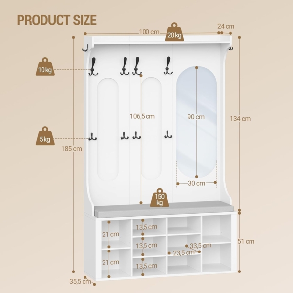 Garderobenständer mit Schuhbank, Garderobe mit Spiegel, Schuhaufbewahrung, 10 Haken, Verstellbare Regalböden, Freistehend, für Eingangsbereich, Flur, 35,5 x 100 x 185 cm, Weiß Bild 9