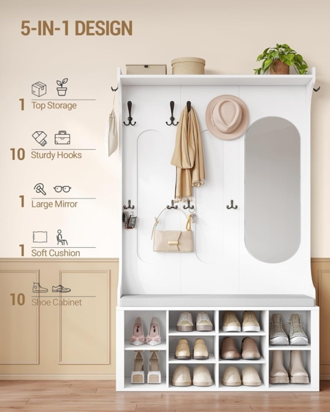 Garderobenständer mit Schuhbank, Garderobe mit Spiegel, Schuhaufbewahrung, 10 Haken, Verstellbare Regalböden, Freistehend, für Eingangsbereich, Flur, 35,5 x 100 x 185 cm, Weiß Bild 4